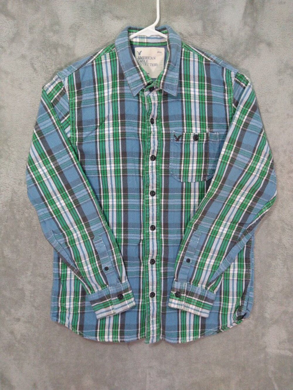 American Eagle Shirt Mens Large Blue Green Plaid Flannel Button Up Cotton